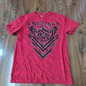 Euc Boys Large American Fighter T-shirt Red Black Silver Spell Out Double Sided